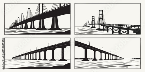 A detailed illustration of various types of bridges and their structural designs Vector