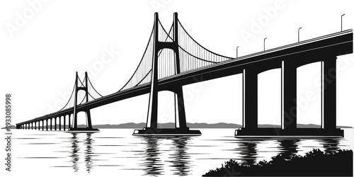 A majestic suspension bridge spanning across a serene body of water under a clear sky. Vector