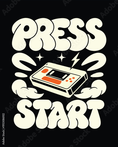 Retro Gaming T-shirt Design with Nostalgic Console and Press Start