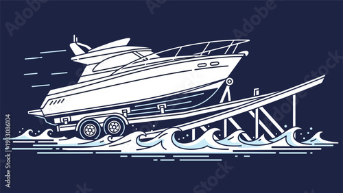 Modern white motorboat sitting on a trailer as it is launched into the blue water with stylized waves and a dark background.