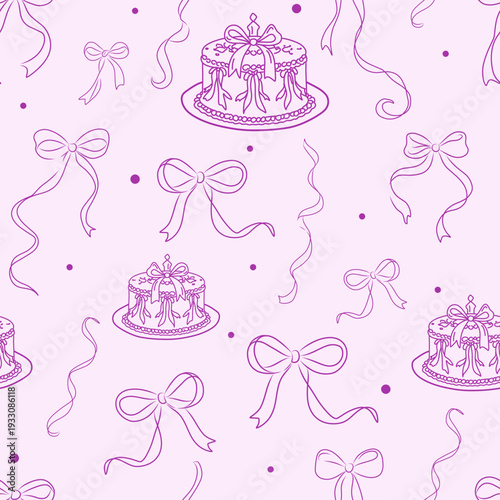 Retro seamless pattern with heart shaped cakes with ribbons. Vector background with cakes in bow frames. Vintage coquette aesthetic