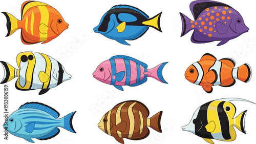Colorful tropical fish collection marine aquarium sea animals vector illustration set