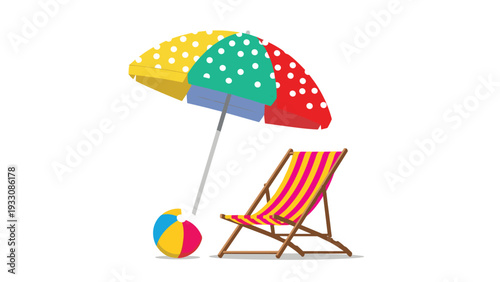 Relaxing summer beach scene featuring a colorful polka-dot umbrella, a striped lounge chair, and a bright beach ball on the sand.
