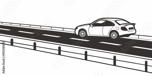 A white car driving on a bridge with a guardrail on a clear day. Vector