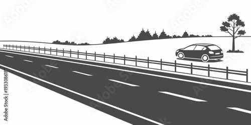 A police car follows a truck on a divided highway with a sign indicating a scenic route Vector