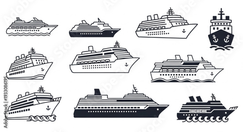 Collection of various cruise ships in different styles and designs for travel.