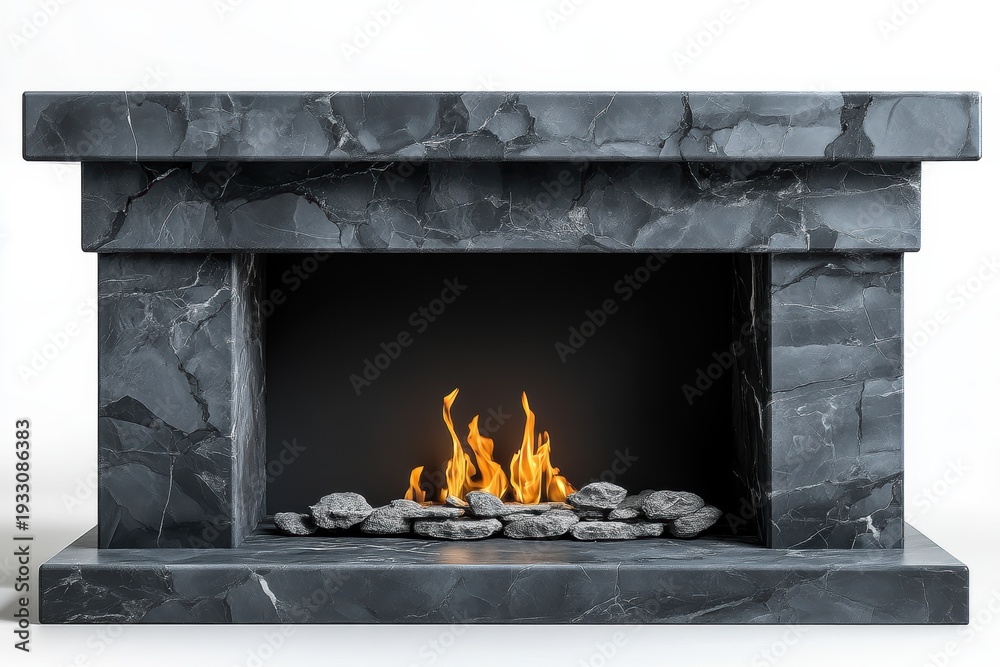 Fototapeta premium Modern stone fireplace with flames and decorative rocks