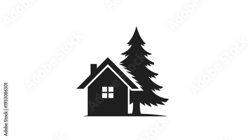 Minimalist black silhouette of a cozy small house located next to a tall evergreen pine tree on a solid white backdrop.