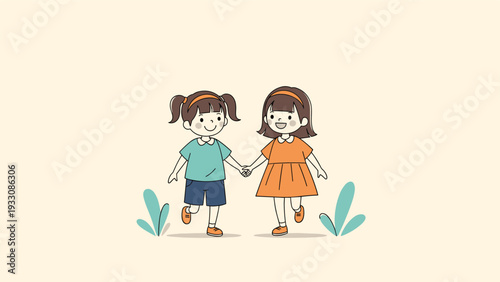 Two happy young girls hold hands and walk together with smiles on their faces in a charming cartoon style illustration.