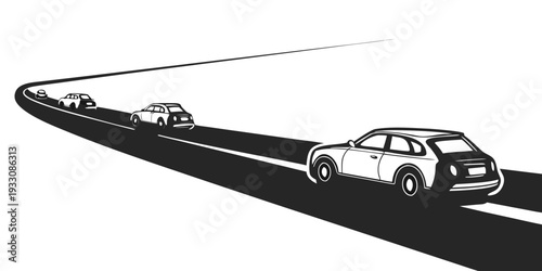 Cars driving on a winding road with a long shadow extending from the vehicles Vector