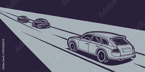 Three cars driving on a highway in a row at night with headlights on Vector