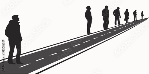 A group of people walking in a single file along a winding road Vector