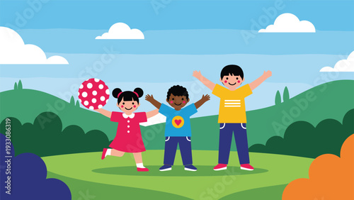 Three diverse children stand together happily in a green rolling meadow under a bright blue sky with fluffy white clouds.