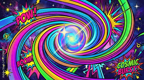 Cosmic burst action vibrant vortex illustration graphic design artistic environment colorful viewpoint