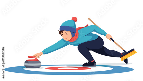 Male athlete wearing a winter hat and scarf slides a curling stone across the ice during a competitive sports match.