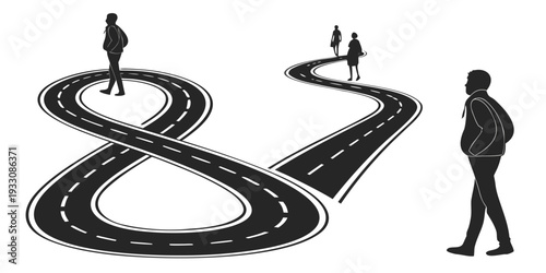 A person standing at a crossroads with a figure walking towards an infinity symbol Vector