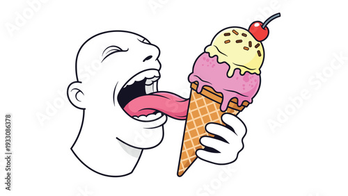 Surreal and funny illustration depicts a person with a very long tongue licking a huge double scoop ice cream cone.
