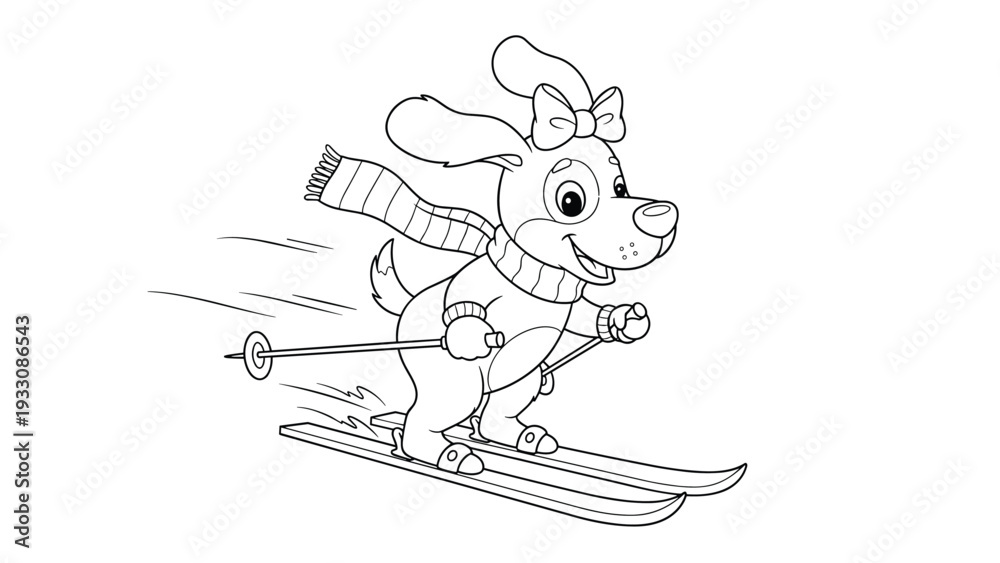Fototapeta premium Line art coloring page shows a cute cartoon dog wearing a scarf and goggles while skiing down a snowy mountain slope.