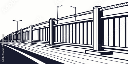 A long, empty train platform with a train in the distance, waiting for passengers to board. Vector