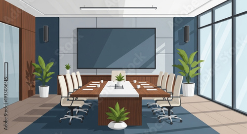 Modern conference room with large screen and elegant furniture for meetings.