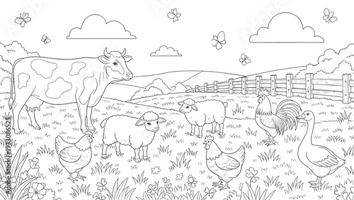 Black and white coloring page for kids features various farm animals including a cow sheep chickens and a large goose.