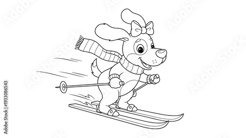 Line art coloring page shows a cute cartoon dog wearing a scarf and goggles while skiing down a snowy mountain slope.