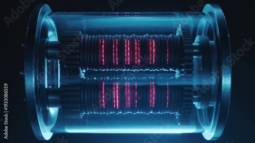 Glowing blue cylindrical object with pink codes displayed inside on a dark background video