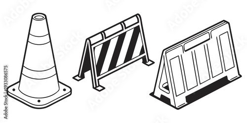 Construction signs and barriers on a roadway Vector