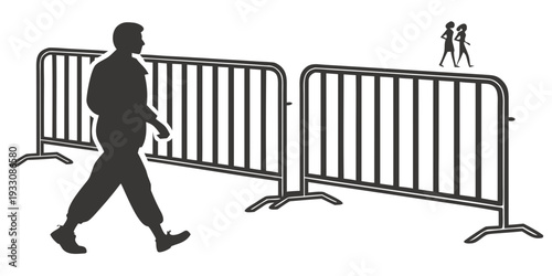 A person walking past a row of metal barricades on a sidewalk Vector