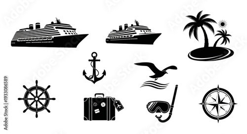 Collection of travel and vacation themed black and white illustrations.