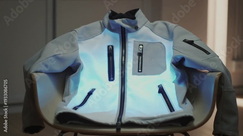 A futuristic gray jacket with glowing blue interior lining displayed indoors
