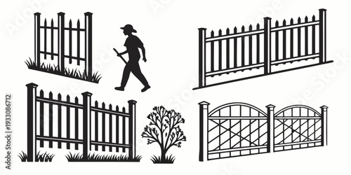 A collection of various fence designs and a person walking past them Vector