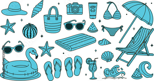 Summer Beach Vacation Icons Set Illustration. A collection of essential items for a tropical holiday. Simple flat vector design.