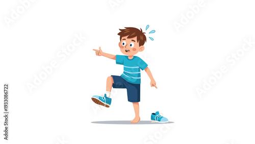 Worried cartoon boy with sweat drops on his head struggles with his shoes and points away in a comical situation.