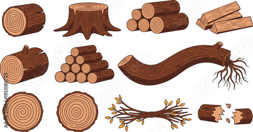 Set of Wooden Logs, Tree Stumps, and Branches Vector Illustrations for Nature, Forest, and Woodworking Designs