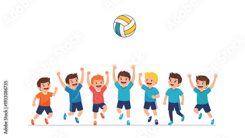 Group of seven excited young boys jump and cheer together while playing with a volleyball in a fun sports illustration.