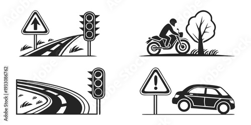 A series of road signs depicting various driving and safety scenarios. Vector