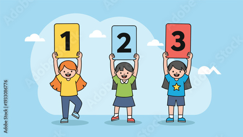 Three happy children hold up colorful signs with numbers one two and three against a soft blue sky with fluffy clouds.