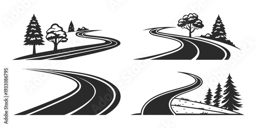 A winding road with various landscapes and a small house in the distance Vector