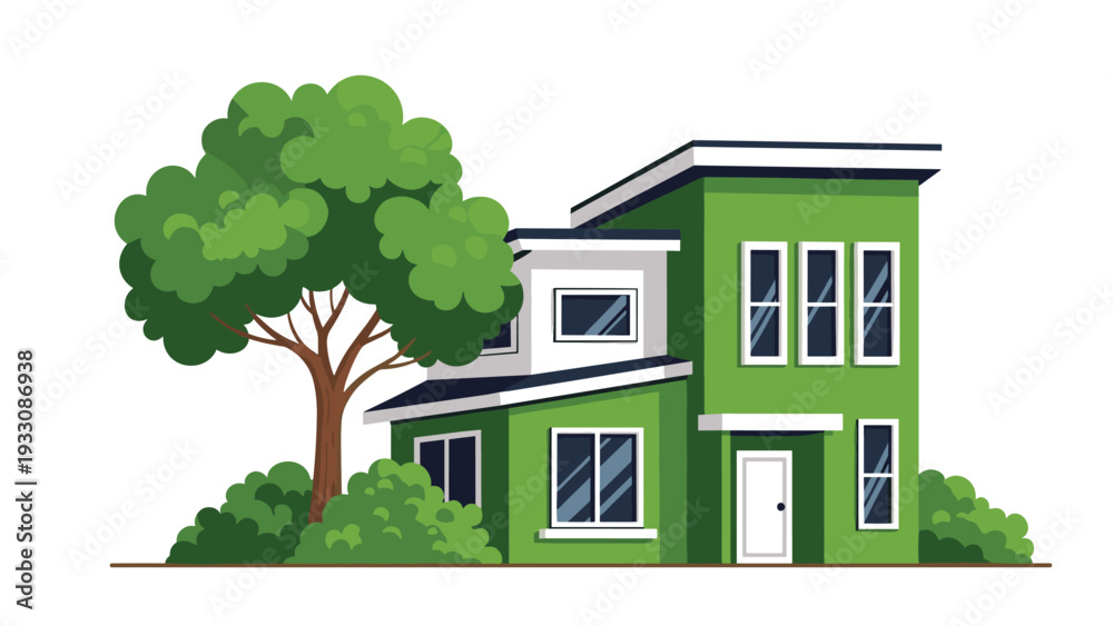 Fototapeta premium Modern two story green house with a flat roof stands beside a large leafy tree and small bushes on a white background.