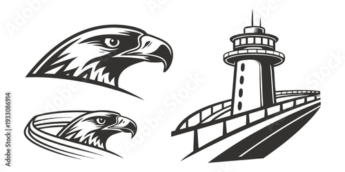 A collection of nautical symbols featuring an eagle and a lighthouse Vector