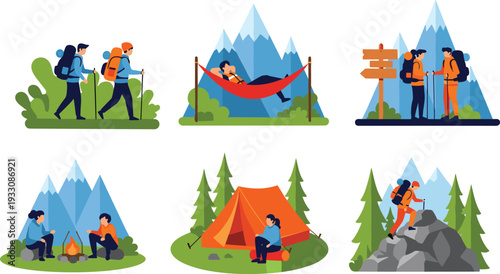 Illustration of camping and hiking activities including trekking, hammock relaxation, campfire gathering, tent camping, navigation, and rock climbing in scenic mountainous outdoor adventure 