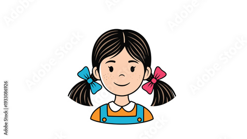 Charming portrait of a young girl with dark hair in pigtails decorated with blue and pink bows smiling pleasantly.