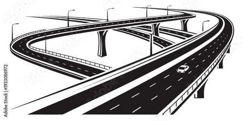 Aerial view of a complex and winding roadway system with multiple bridges Vector