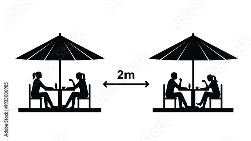 Black silhouette icons illustrate social distancing requirements with two people sitting at separate outdoor tables.