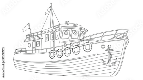 Detailed black and white line drawing of a traditional fishing boat or tugboat equipped with lifebuoys and an anchor.