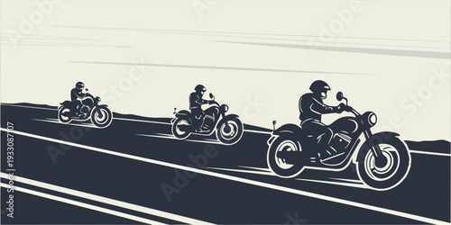 Three motorcyclists riding down a road, leading into the distance. Vector