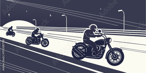 A thrilling nighttime race between two motorcyclists on a city street. Vector