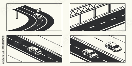A series of images depicting various road conditions and weather scenarios. Vector