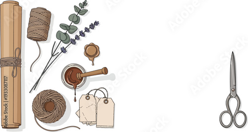 Gift Wrapping Craft Tools Flat Lay Illustration